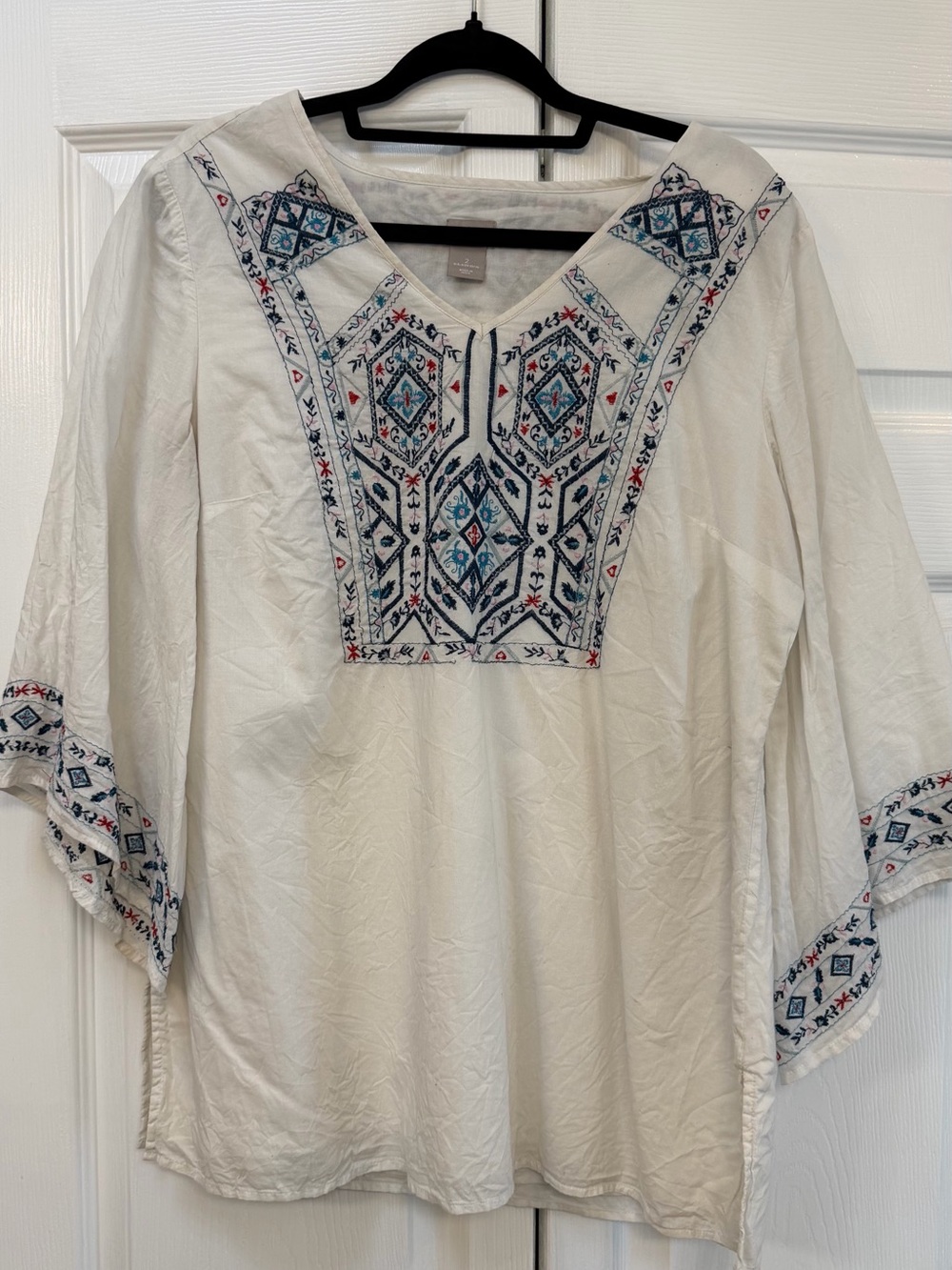 Chico's White Tunic with Blue and Red Embroidery